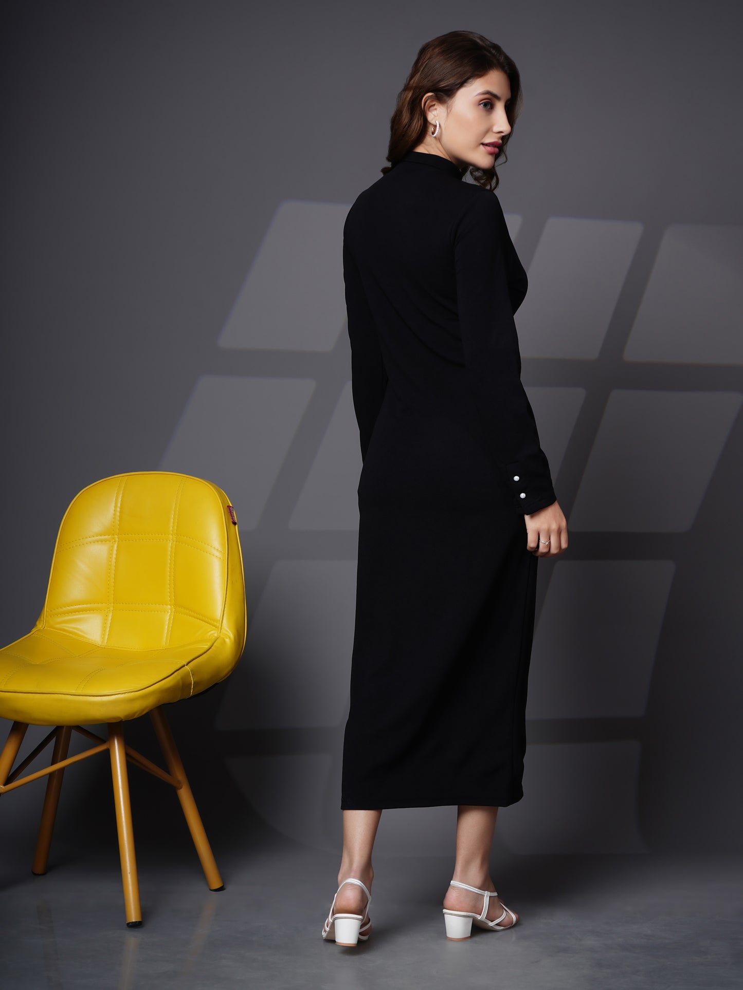 Woman turtle neck slit open dress Black