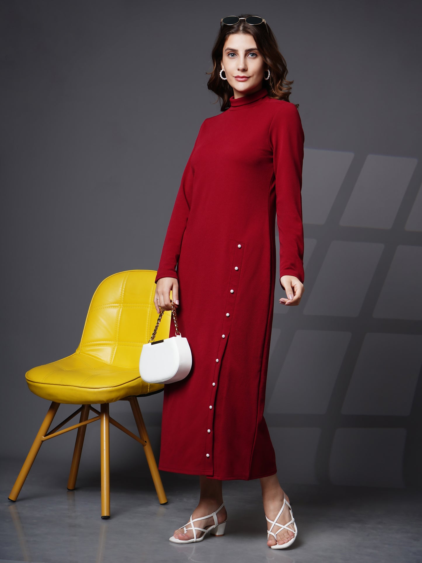 Woman turtle neck slit open dress Maroon