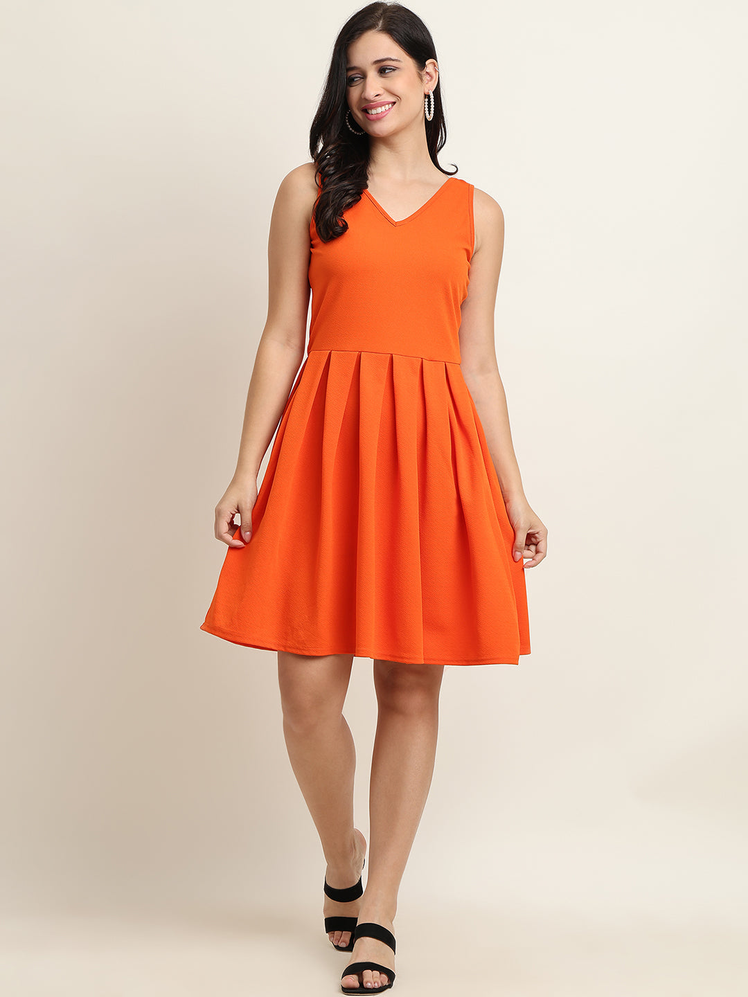 Classic Orange Sleeveless Fit & Flare Dress