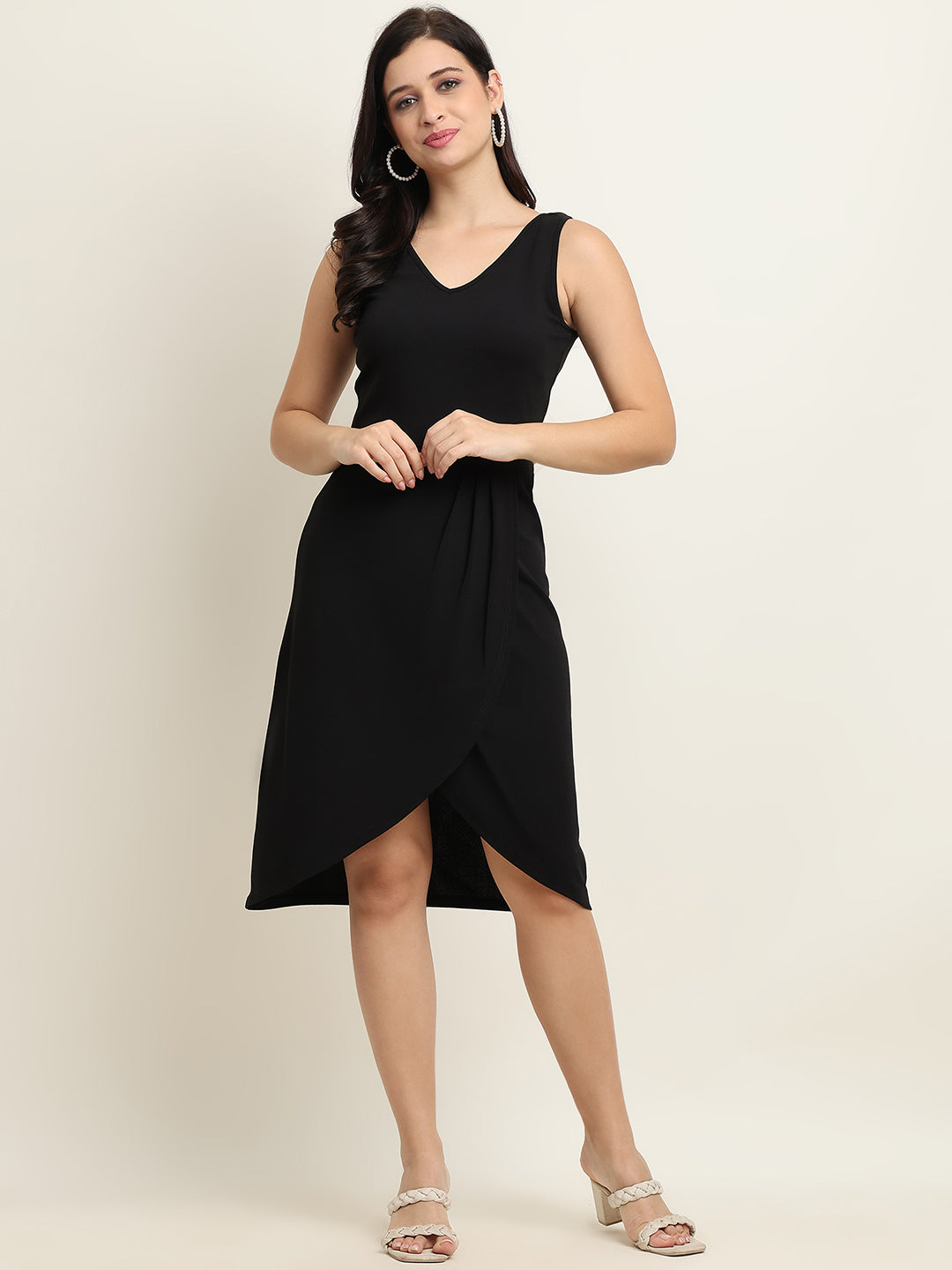 Women’s Black Front Cut Knee-Length Dress
