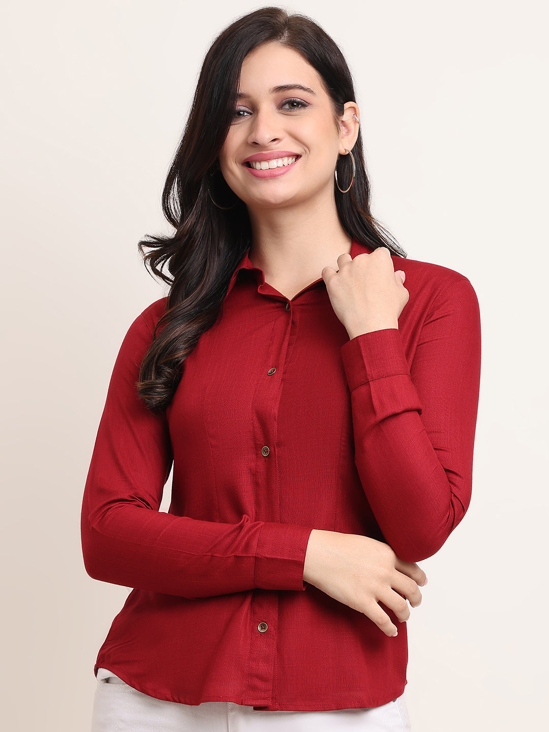 Women’s Red Cotton Casual Shirt – Slim Fit