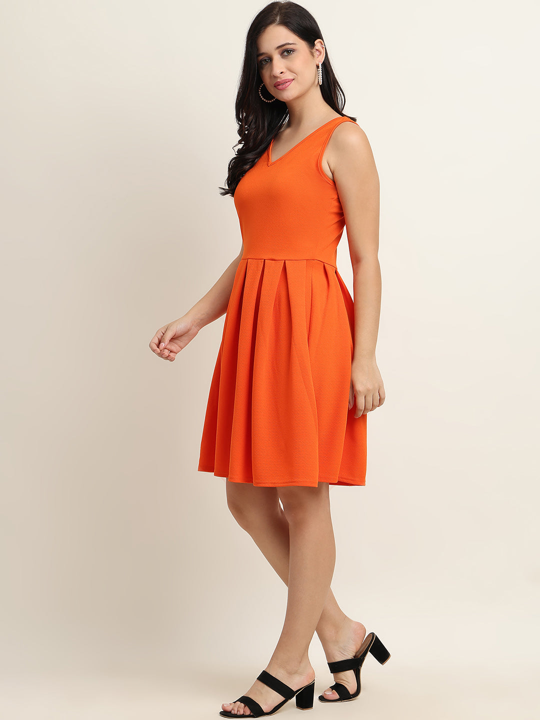 Classic Orange Sleeveless Fit & Flare Dress