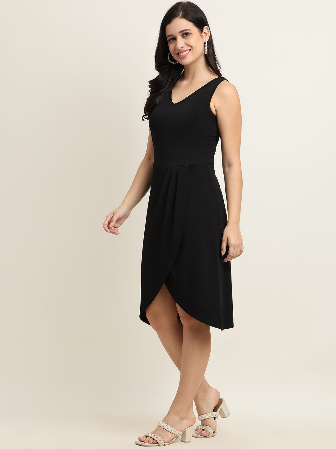 Women’s Black Front Cut Knee-Length Dress