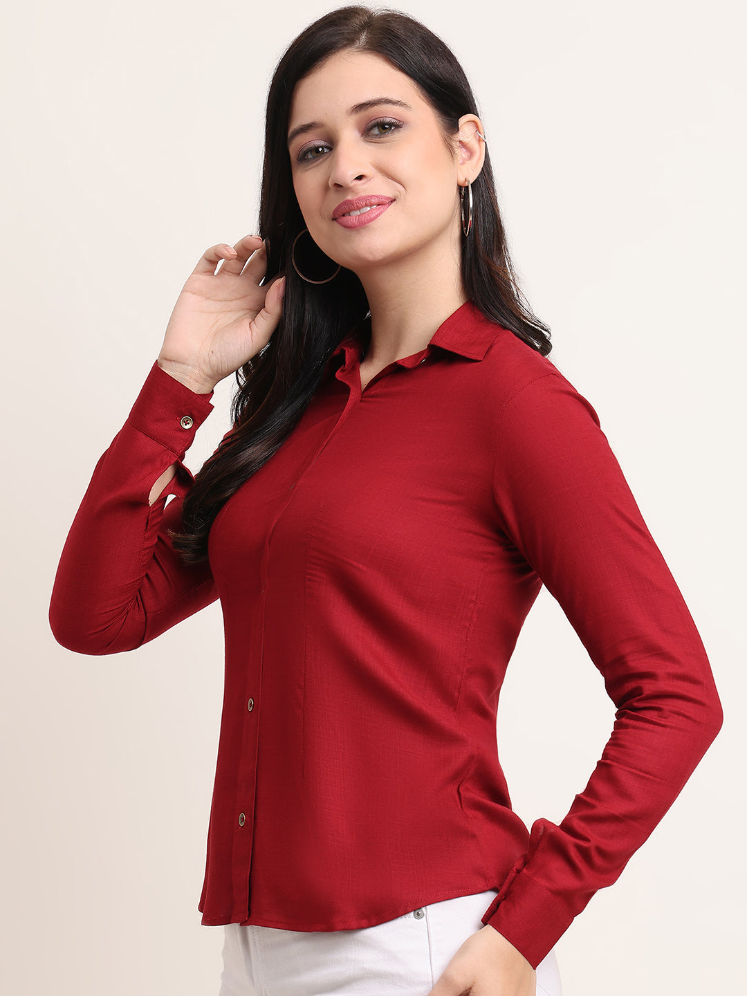 Women’s Red Cotton Casual Shirt – Slim Fit
