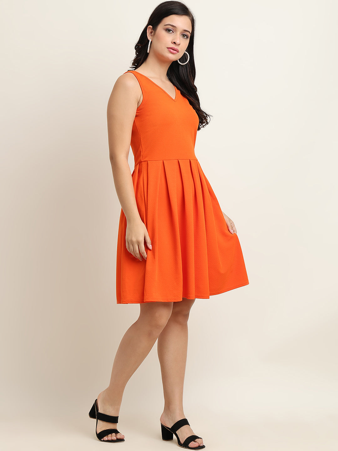 Classic Orange Sleeveless Fit & Flare Dress