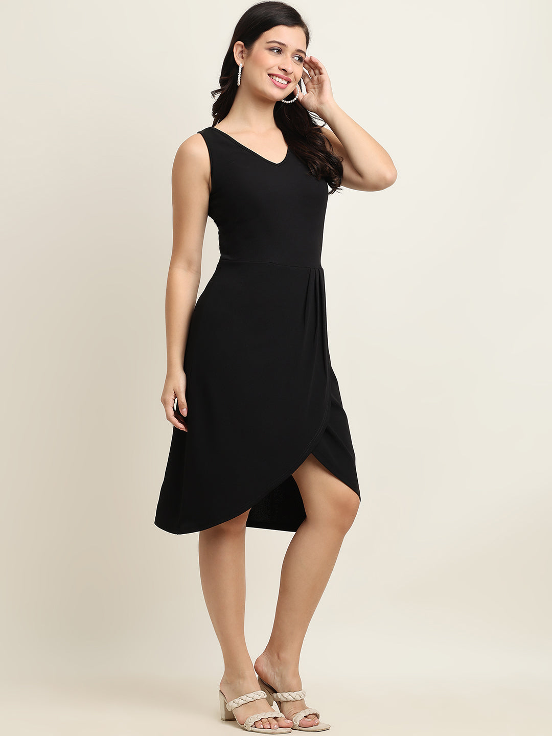 Women’s Black Front Cut Knee-Length Dress