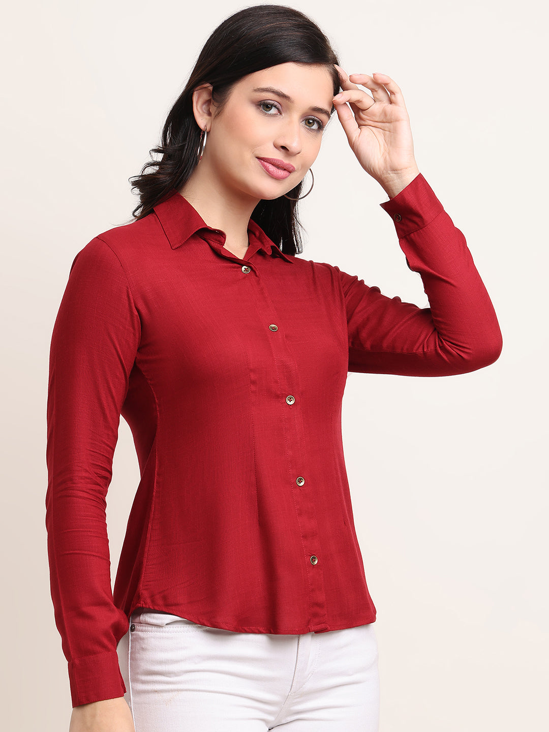 Women’s Red Cotton Casual Shirt – Slim Fit