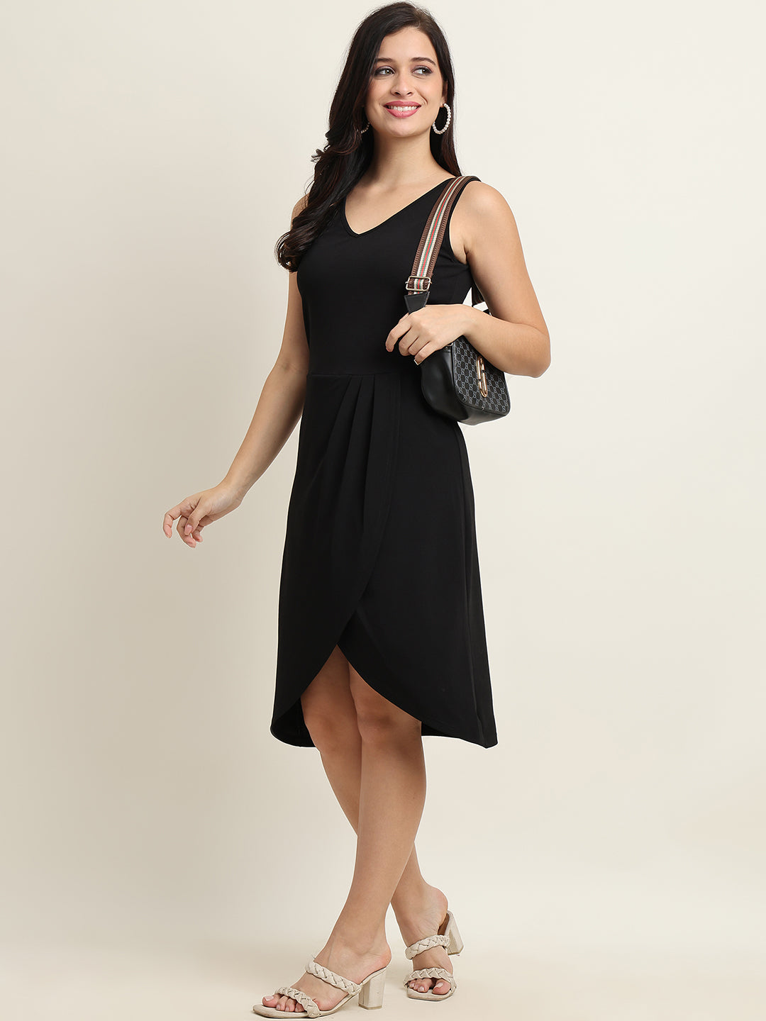 Women’s Black Front Cut Knee-Length Dress