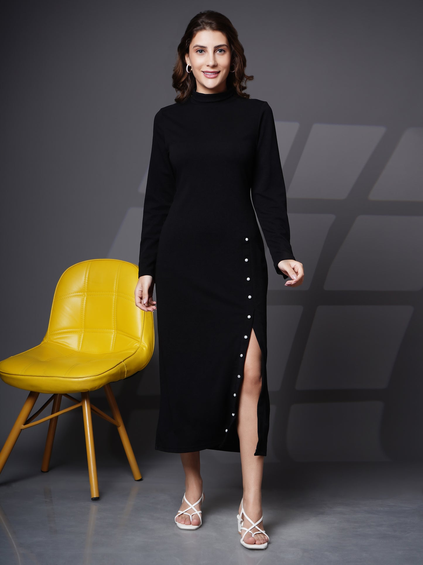 Woman turtle neck slit open dress Black