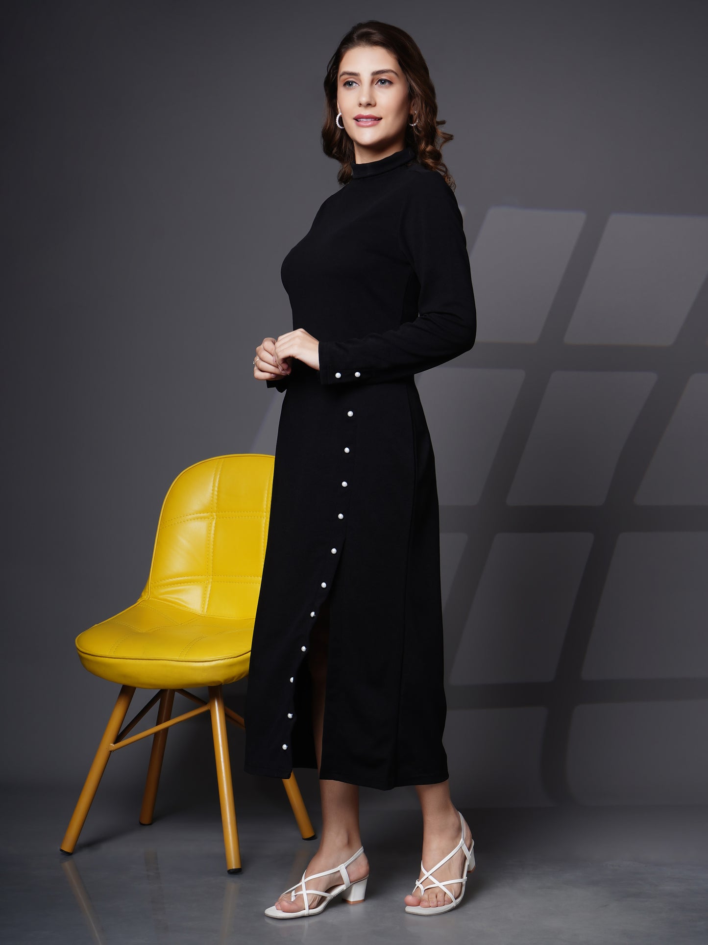 Woman turtle neck slit open dress Black