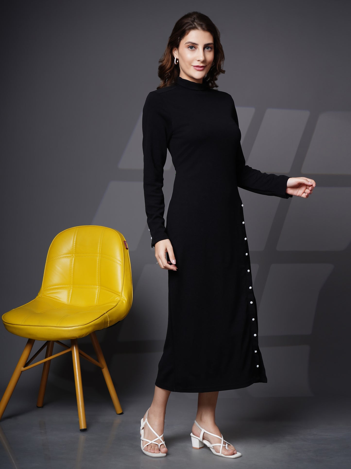 Woman turtle neck slit open dress Black