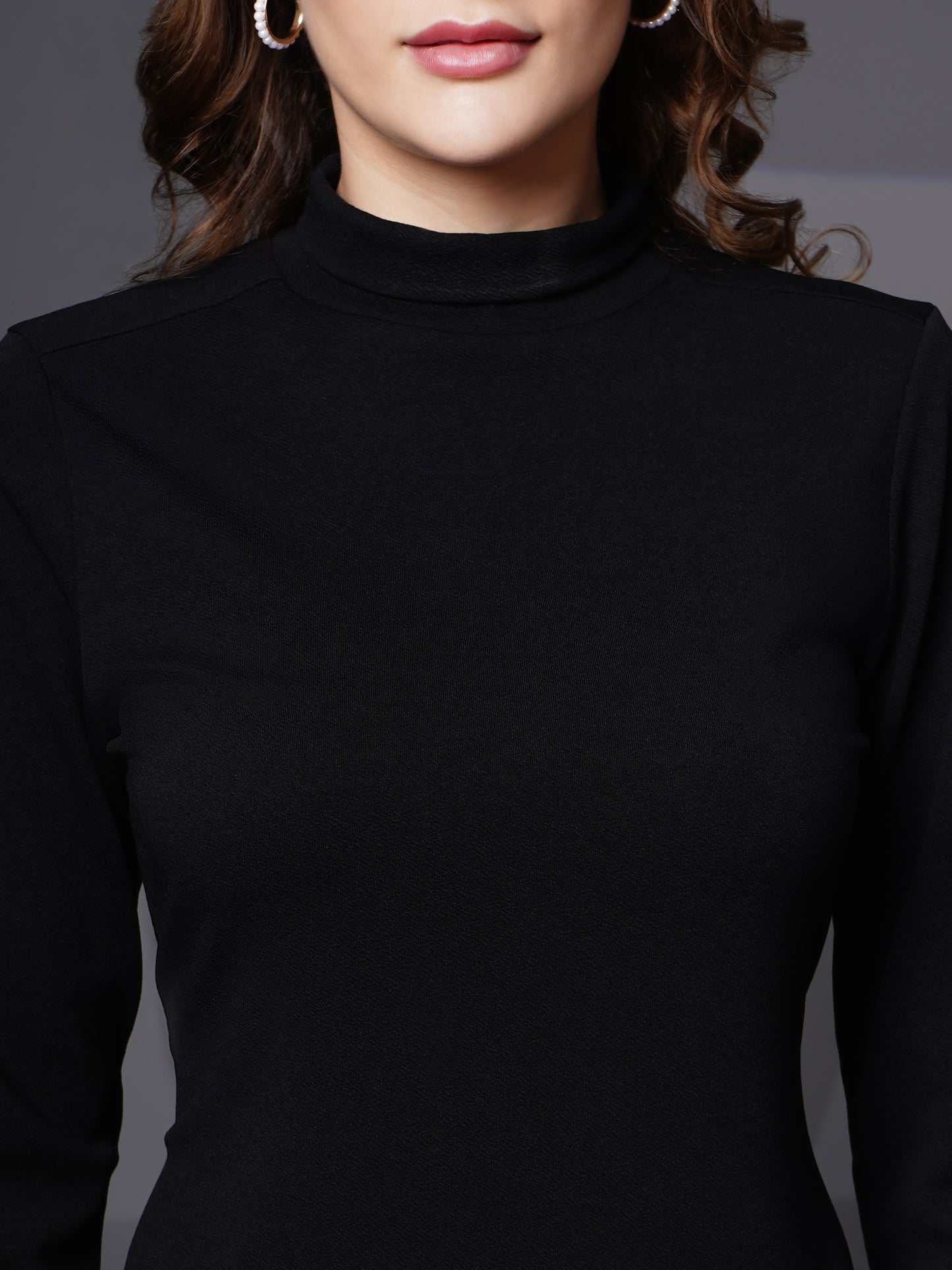 Woman turtle neck slit open dress Black