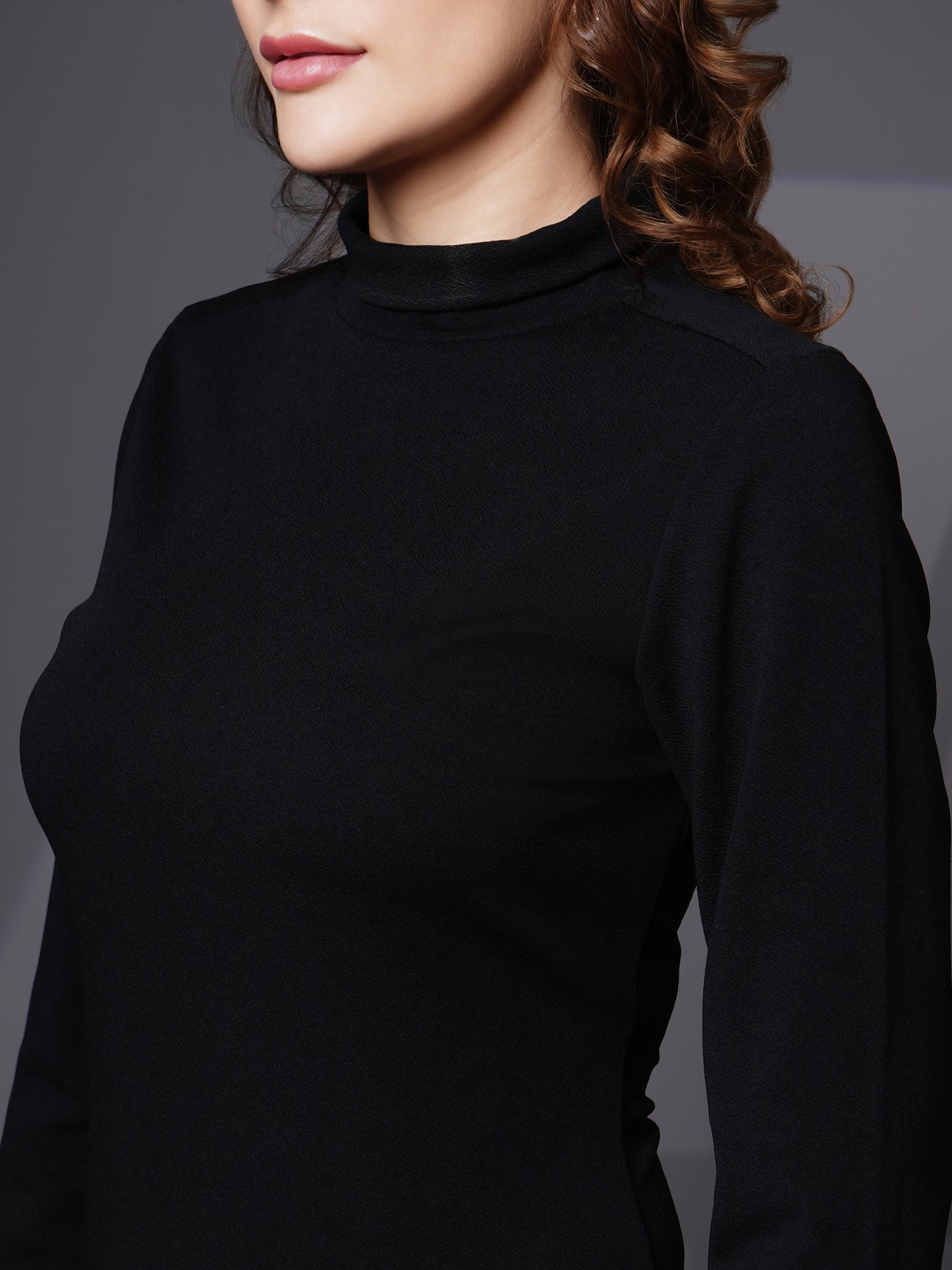 Woman turtle neck slit open dress Black