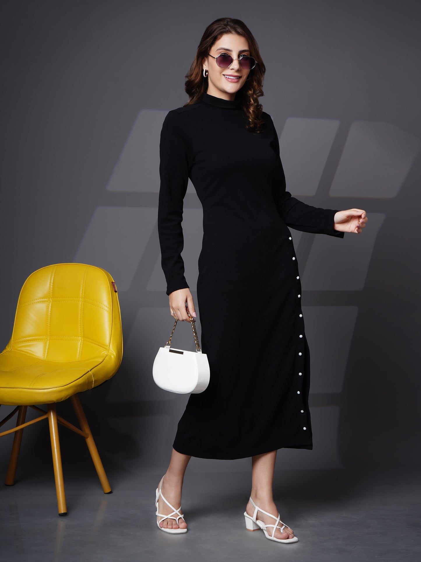 Woman turtle neck slit open dress Black