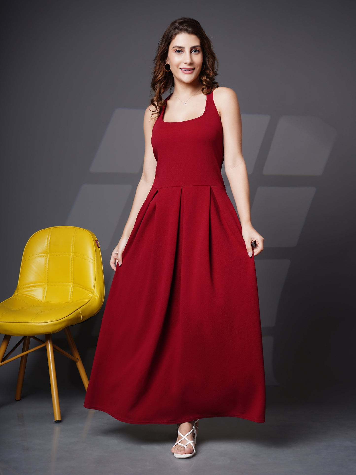 Box pleat fit & flare long dress Maroon