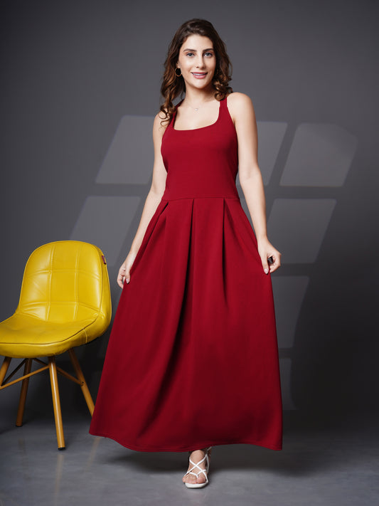 Box pleat fit & flare long dress Maroon