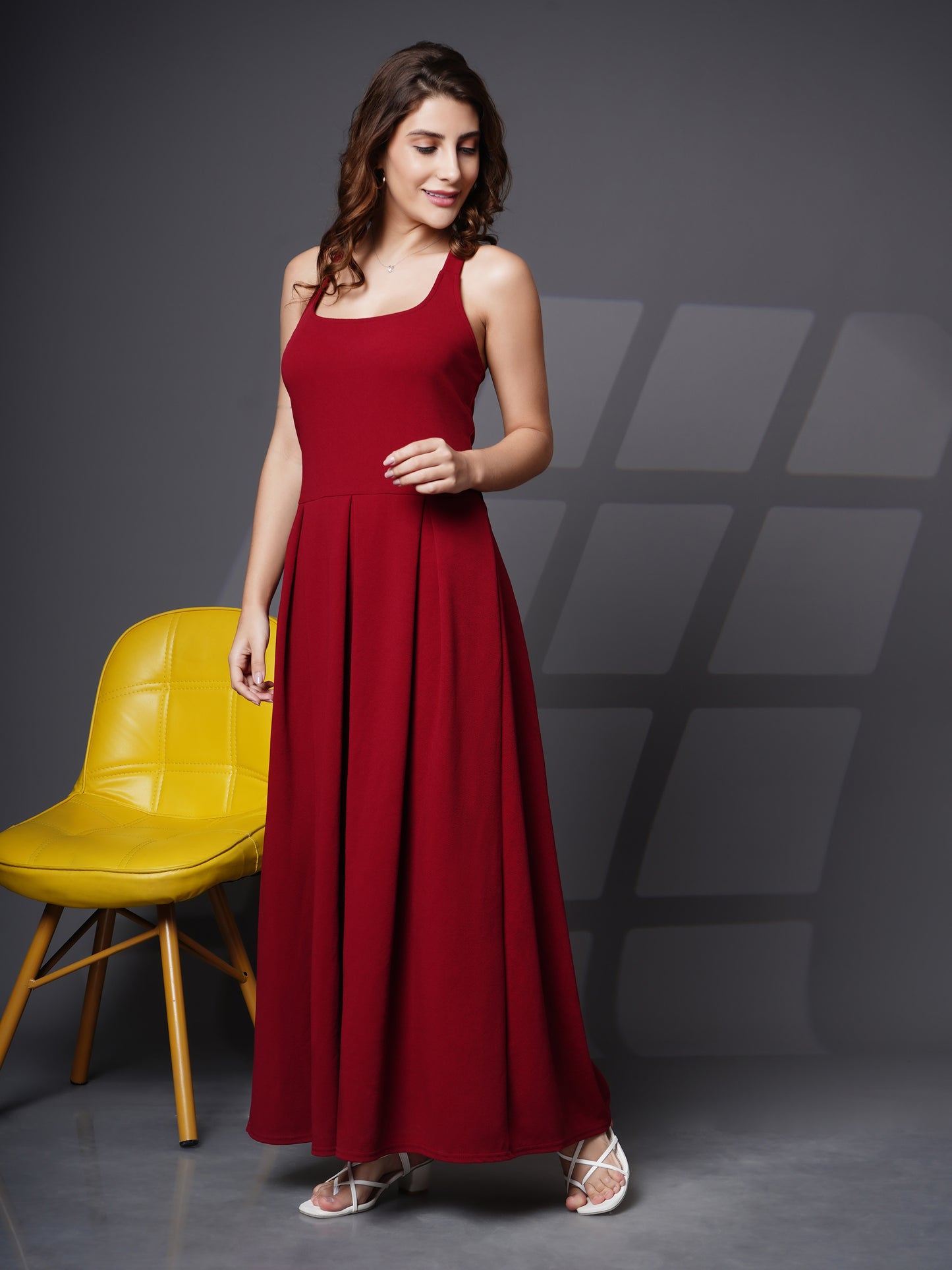 Box pleat fit & flare long dress Maroon