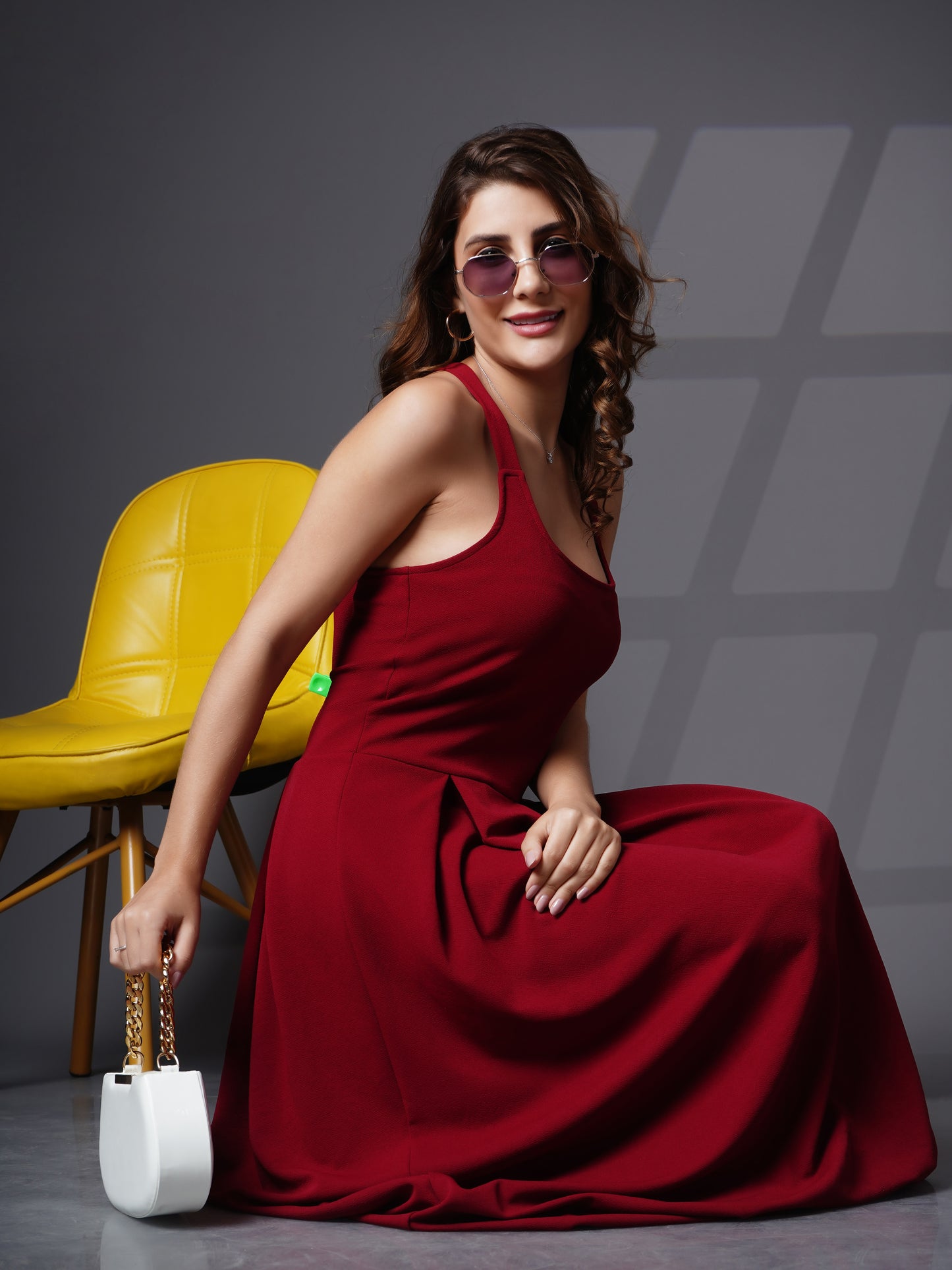 Box pleat fit & flare long dress Maroon