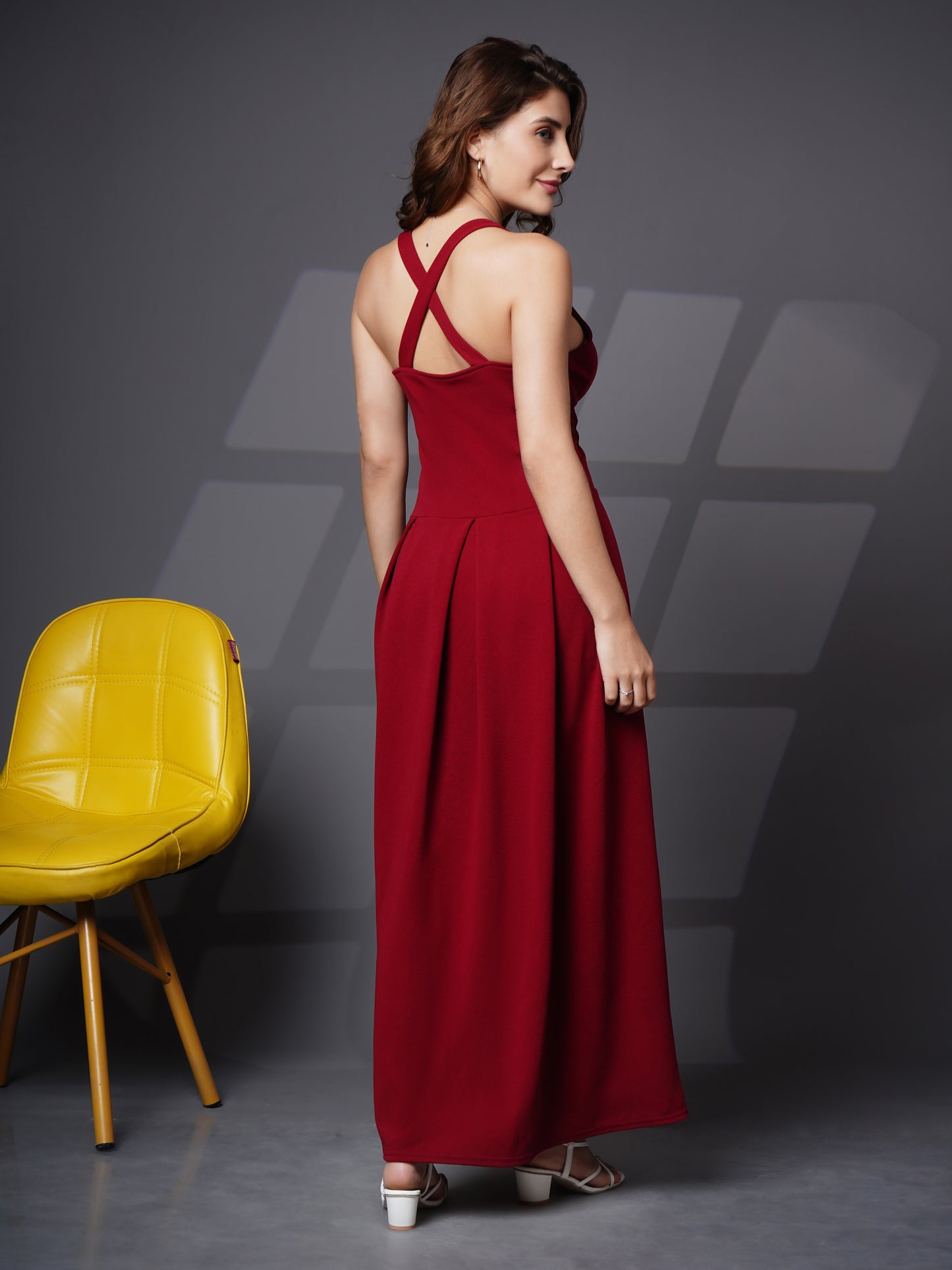 Box pleat fit & flare long dress Maroon