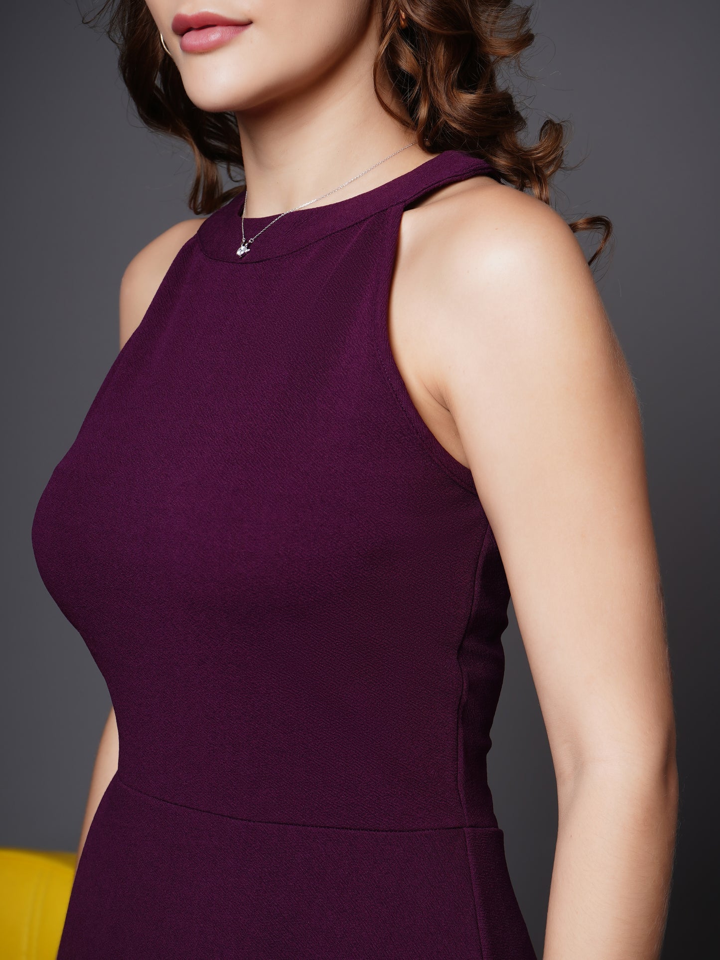 Asymmetric halter neck fit and flare dress Purple