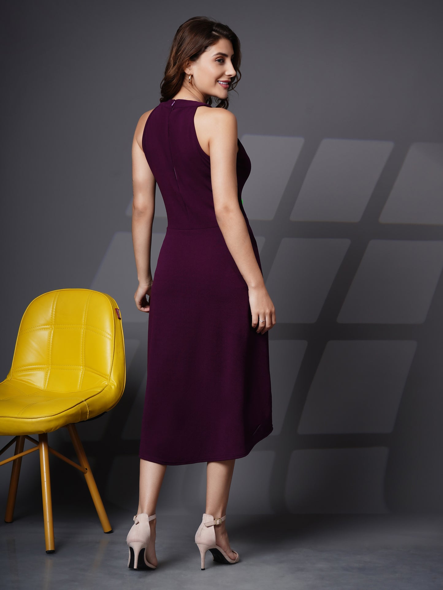 Asymmetric halter neck fit and flare dress Purple