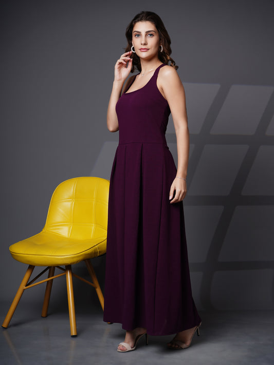 Box pleat fit & flare long dress Purple