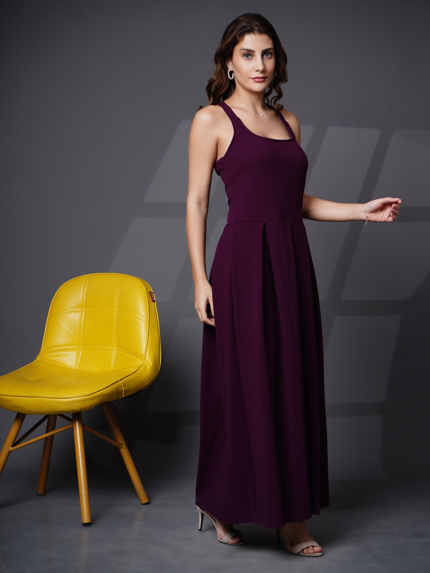 Box pleat fit & flare long dress Purple