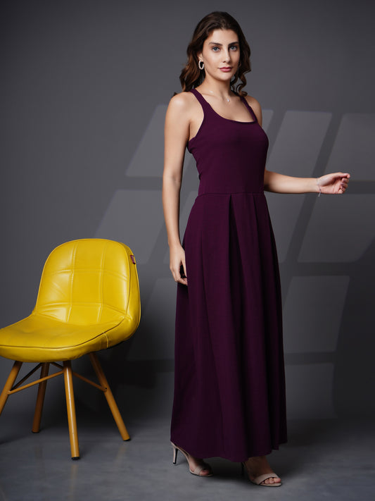 Box pleat fit & flare long dress Purple