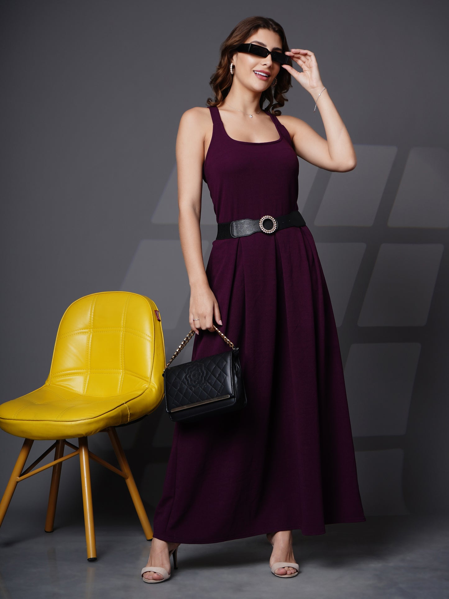 Box pleat fit & flare long dress Purple