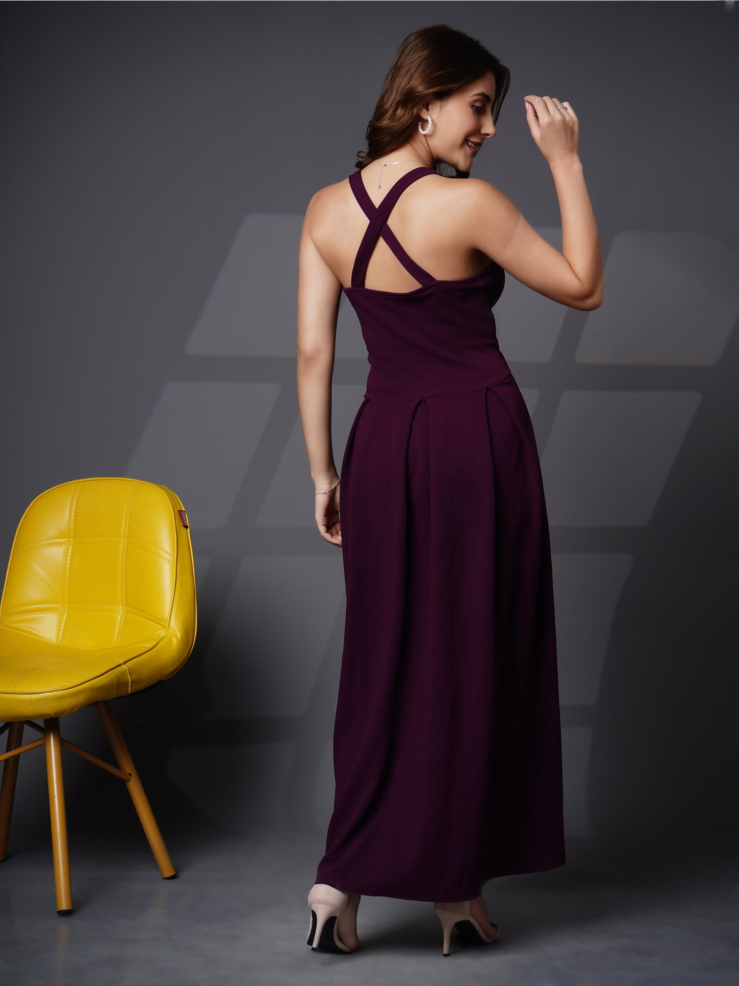 Box pleat fit & flare long dress Purple