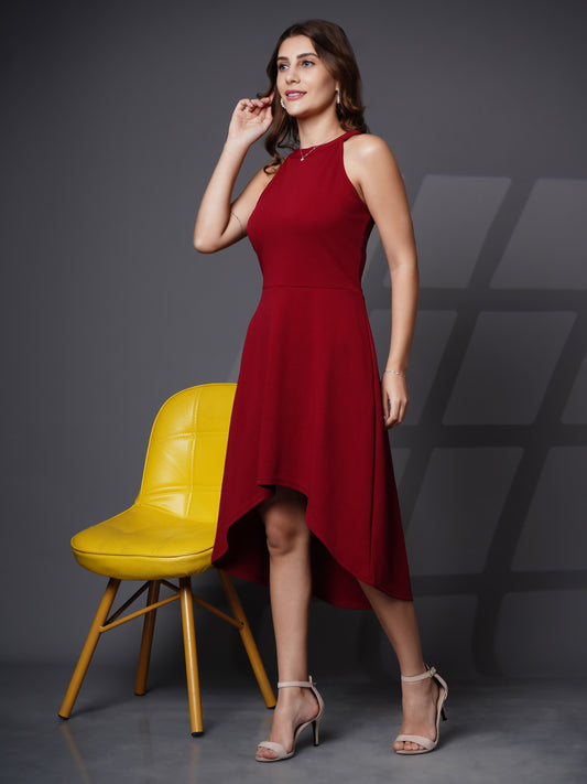 Asymmetric halter neck fit and flare dress Maroon