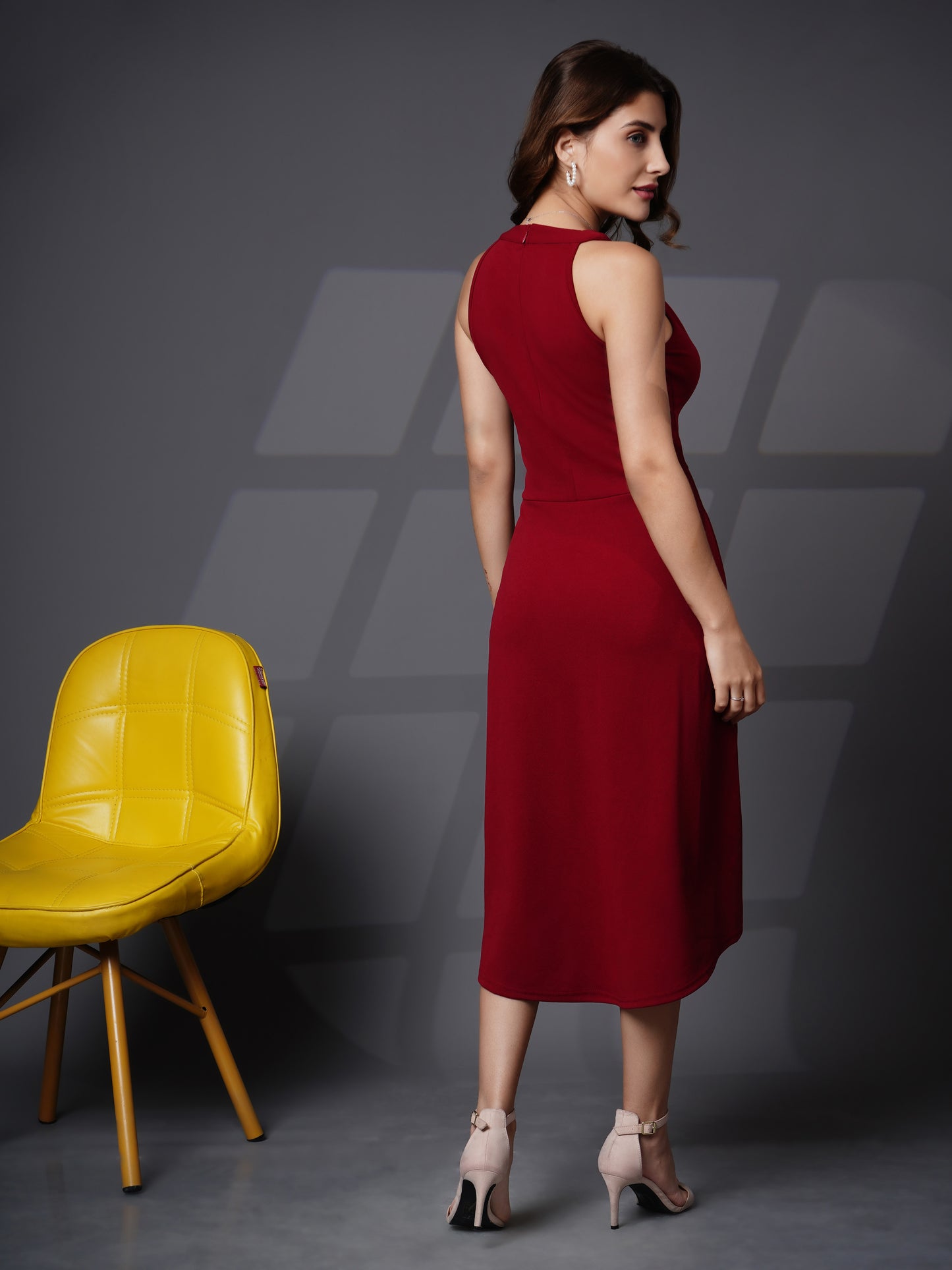 Asymmetric halter neck fit and flare dress Maroon