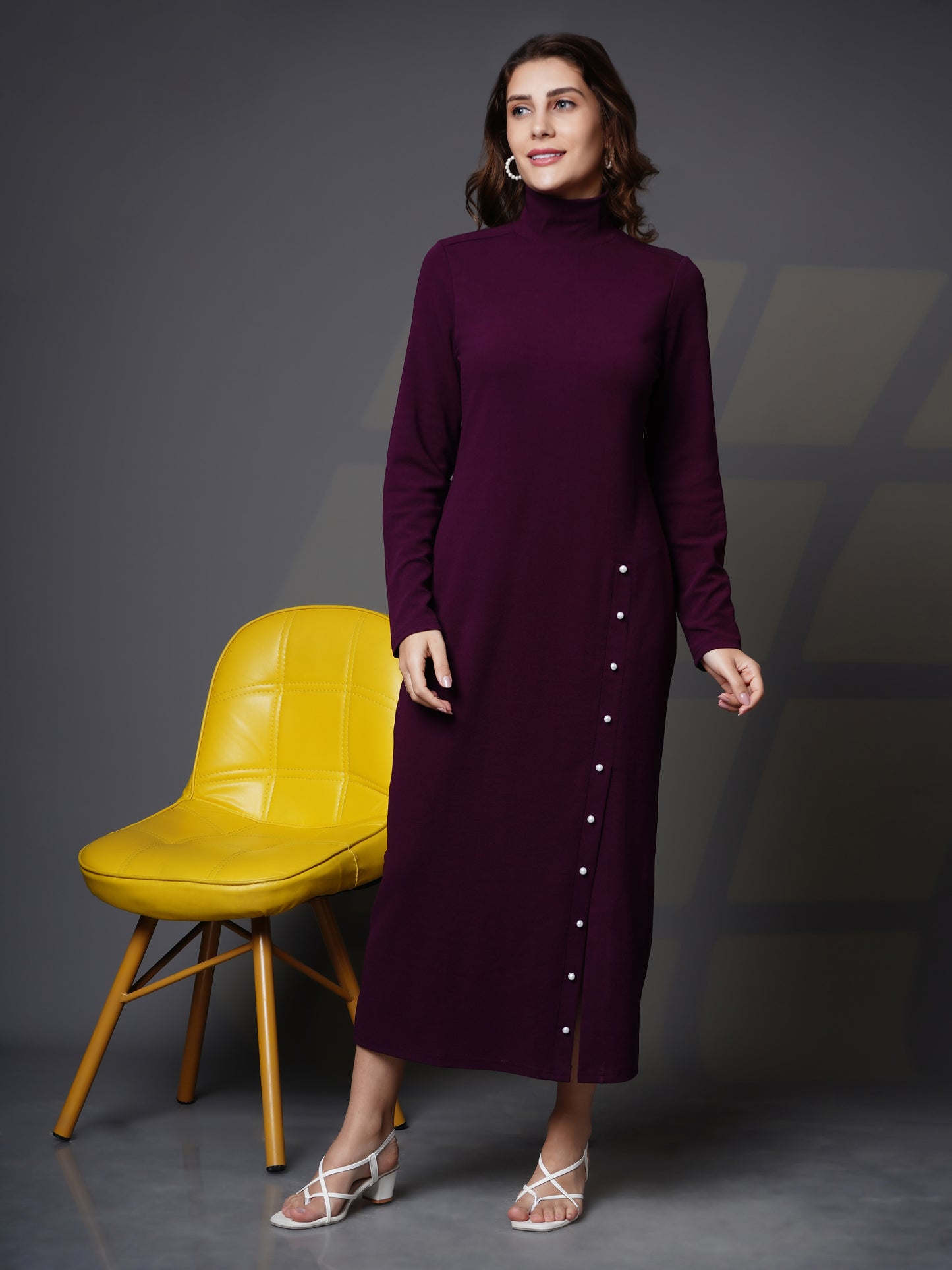 Woman turtle neck slit open dress Purple