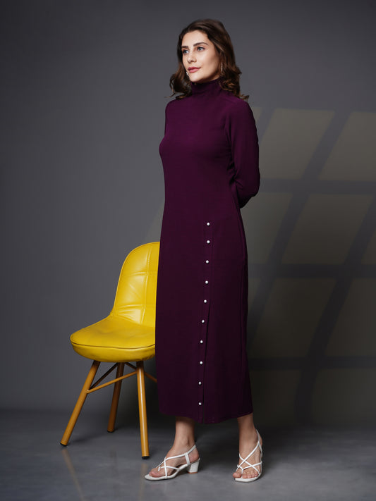 Woman turtle neck slit open dress Purple
