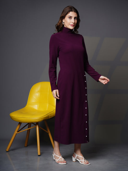 Woman turtle neck slit open dress Purple
