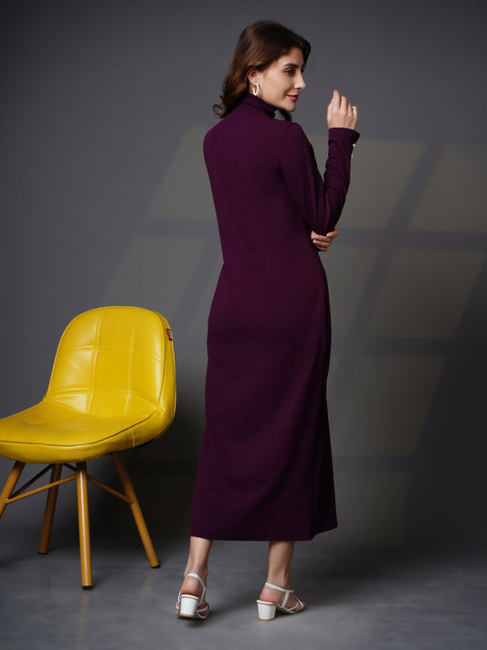 Woman turtle neck slit open dress Purple