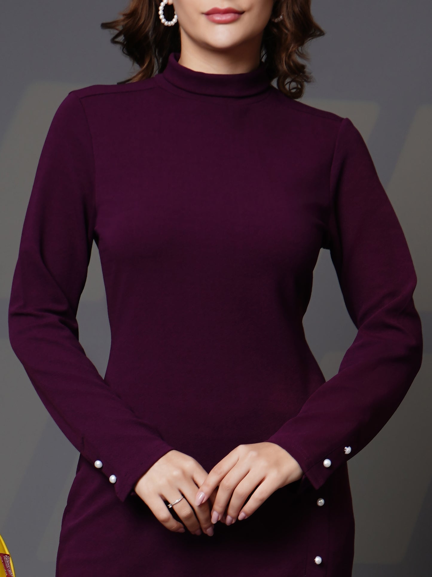 Woman turtle neck slit open dress Purple