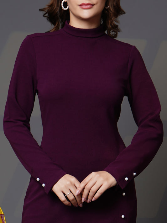Woman turtle neck slit open dress Purple