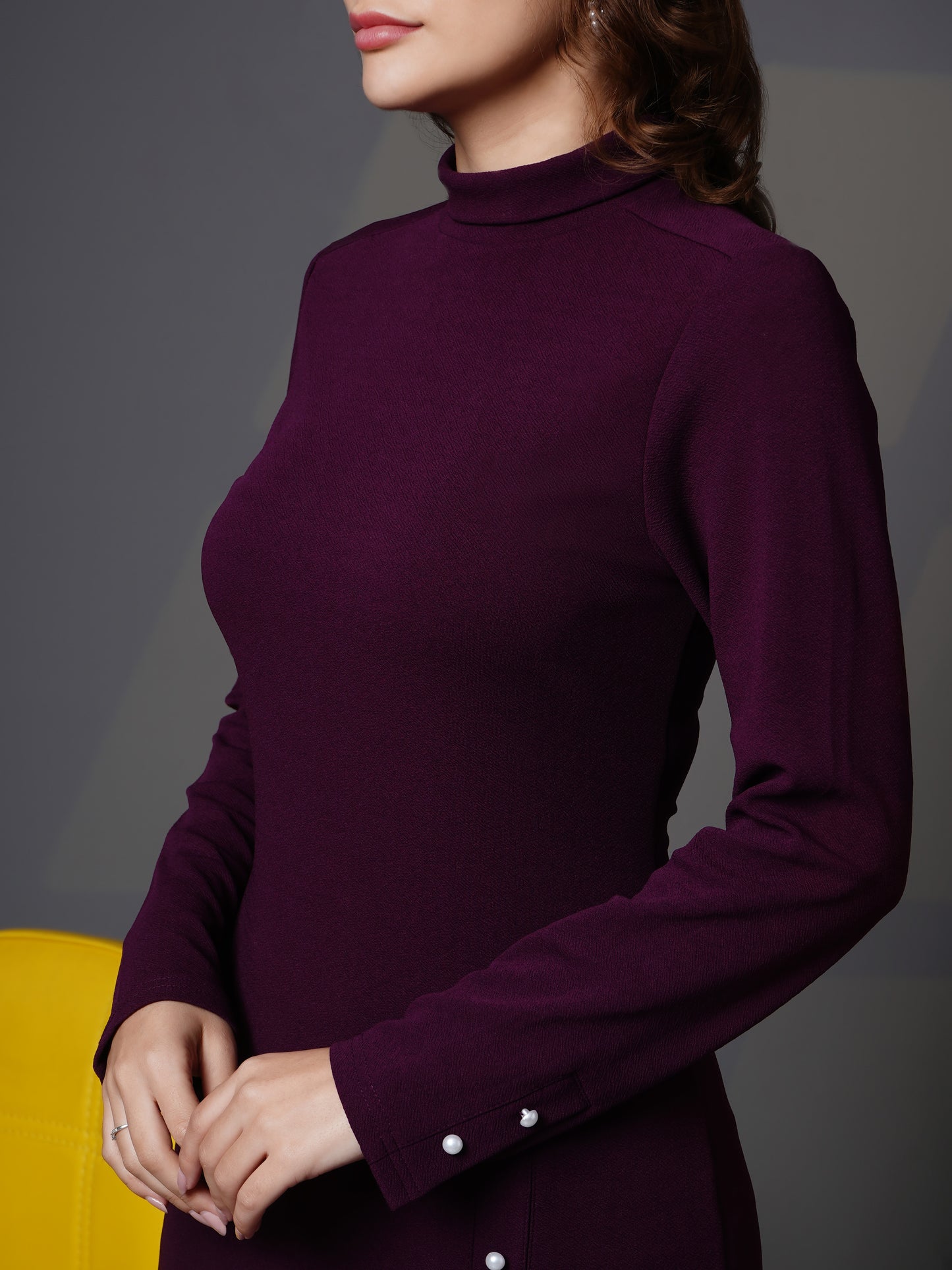Woman turtle neck slit open dress Purple