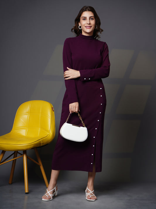 Woman turtle neck slit open dress Purple