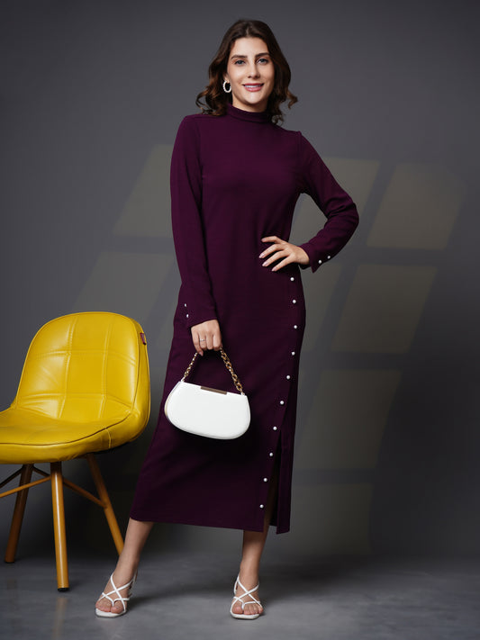 Woman turtle neck slit open dress Purple