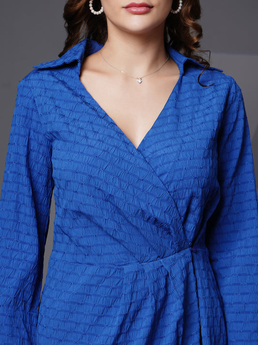 Full sleeve shirt collor wrap dress Blue