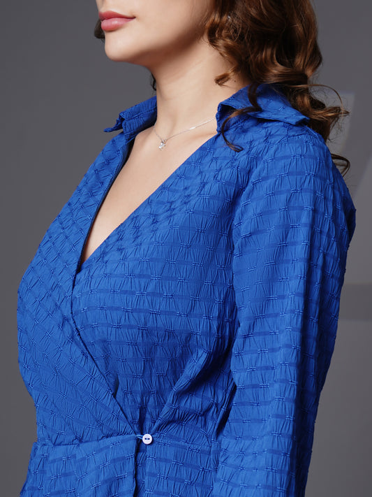 Full sleeve shirt collor wrap dress Blue