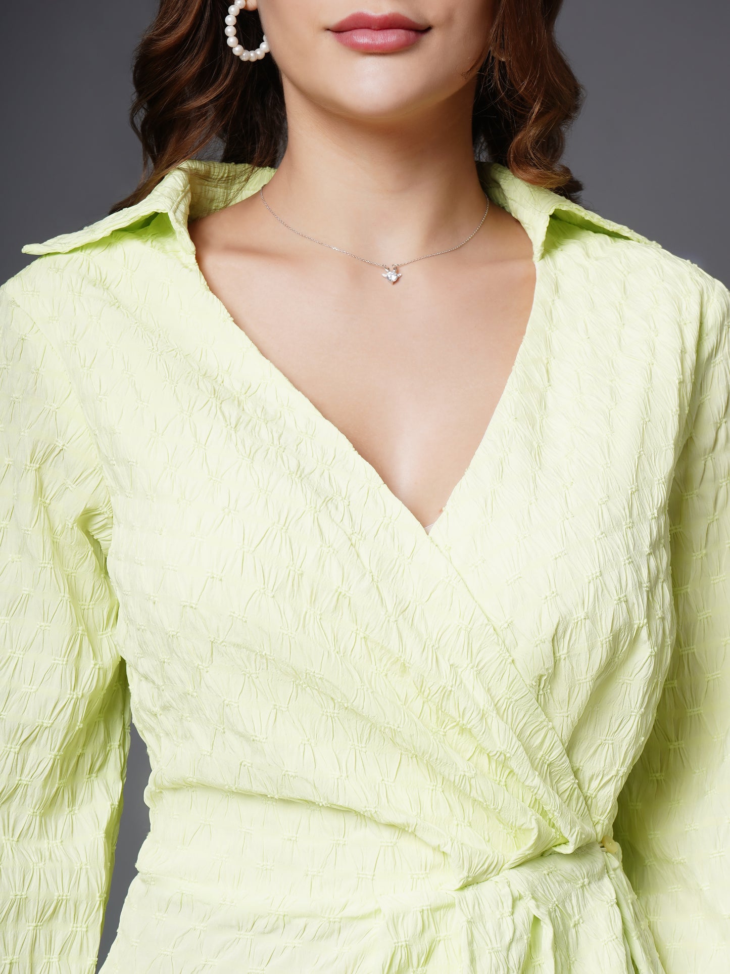 Full sleeve shirt collor wrap dress Green