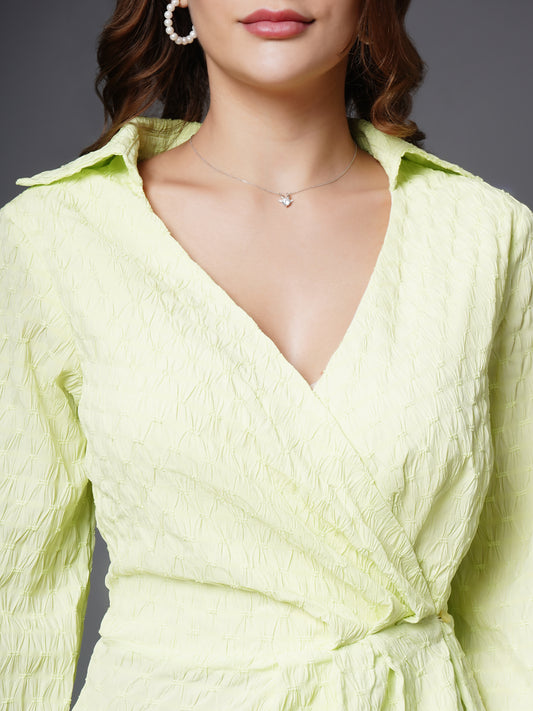 Full sleeve shirt collor wrap dress Green