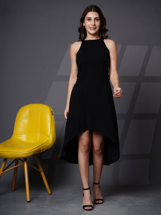 Asymmetric halter neck fit and flare dress Black