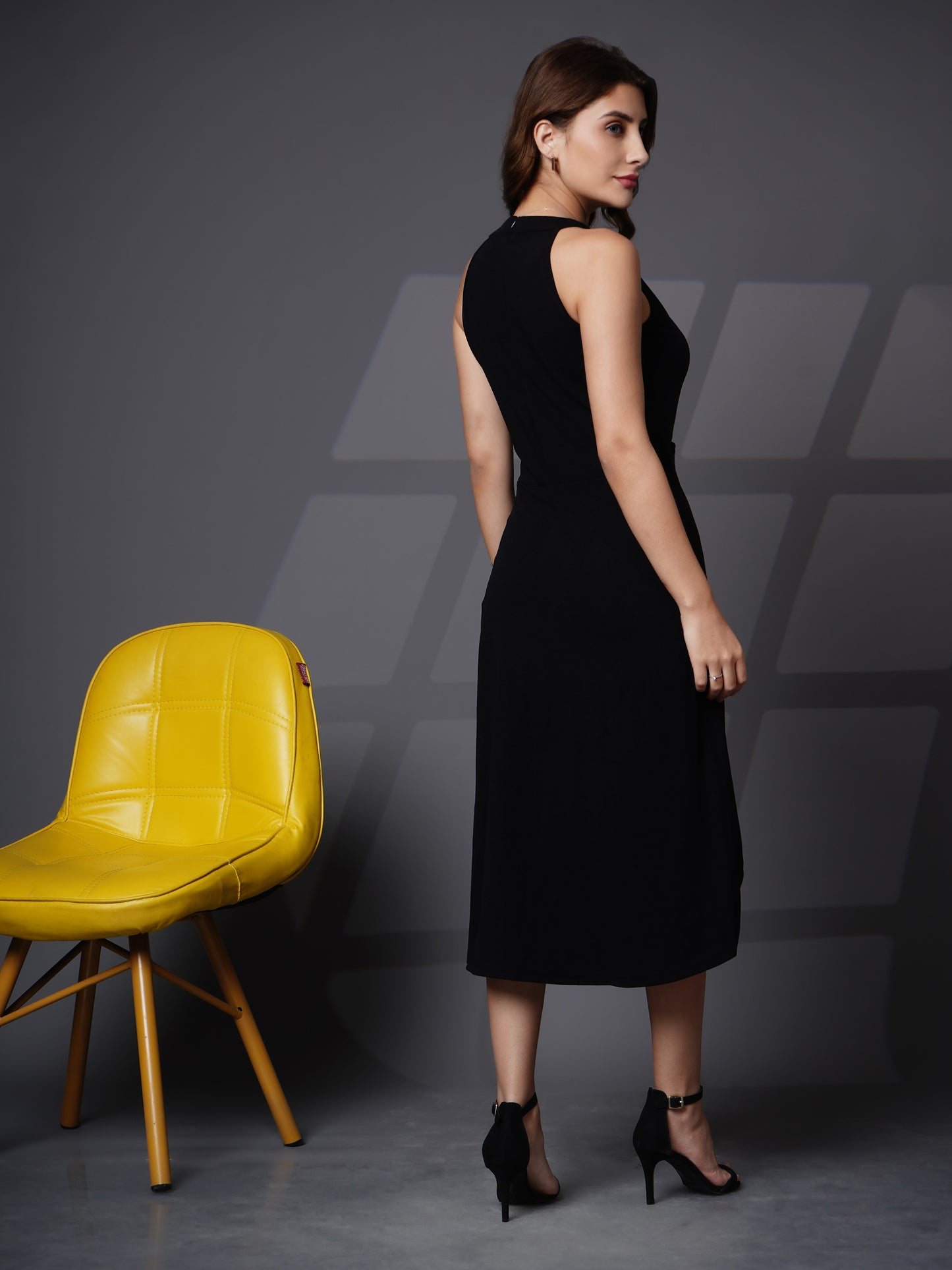 Asymmetric halter neck fit and flare dress Black