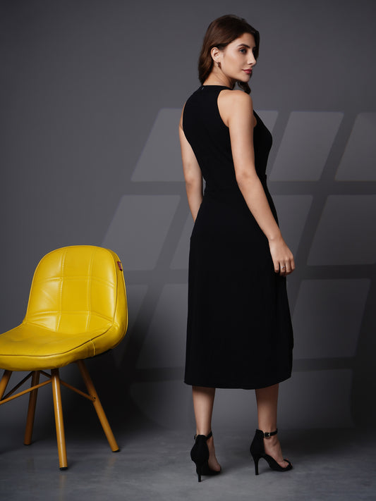 Asymmetric halter neck fit and flare dress Black