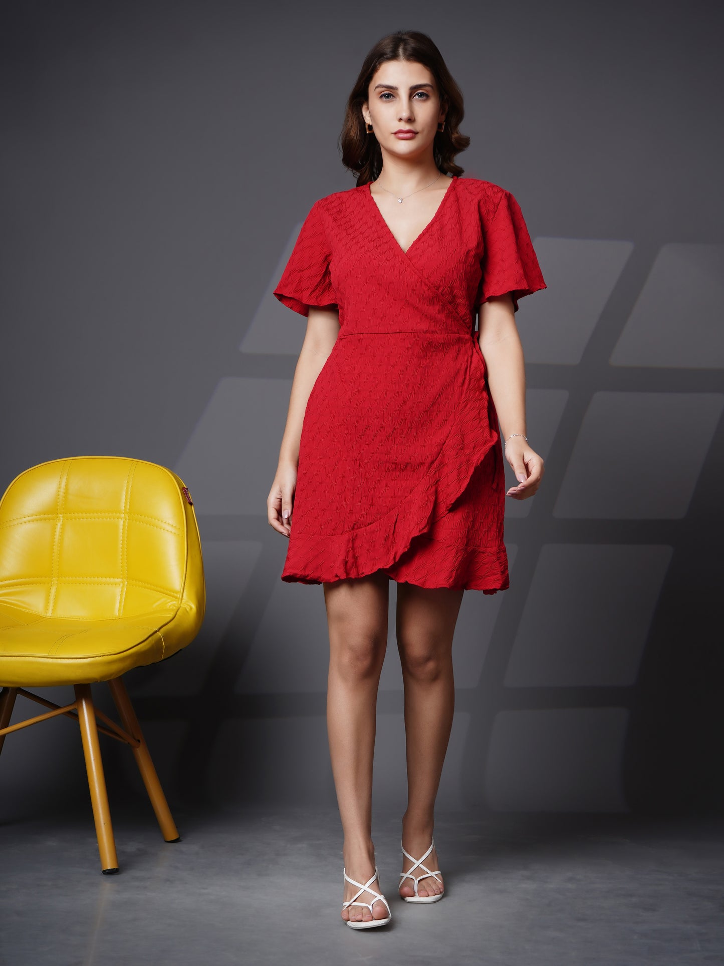 Women frill plain sleeve wrap dress Red