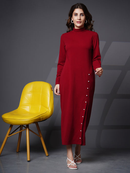 Woman turtle neck slit open dress Maroon